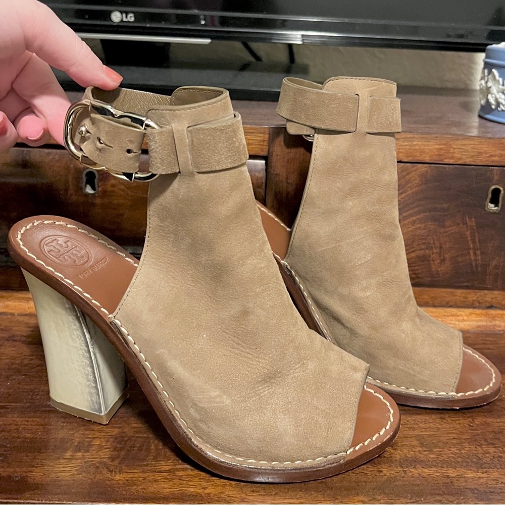 Tory Burch Suede Peep Toe Booties